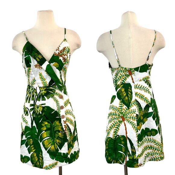 Farm Rio Tropical Forest Linen Mini Dress Off-White Green S - Picture 1 of 16